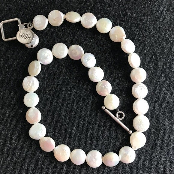 Vintage Handmade Coin Pearl Choker Necklace Sterling Wish Charm Heart Toggle 15" - Picture 6 of 8